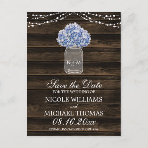 Rustic Hydrangea Mason Jar Barn Wood Save the Date Announcement Postcard