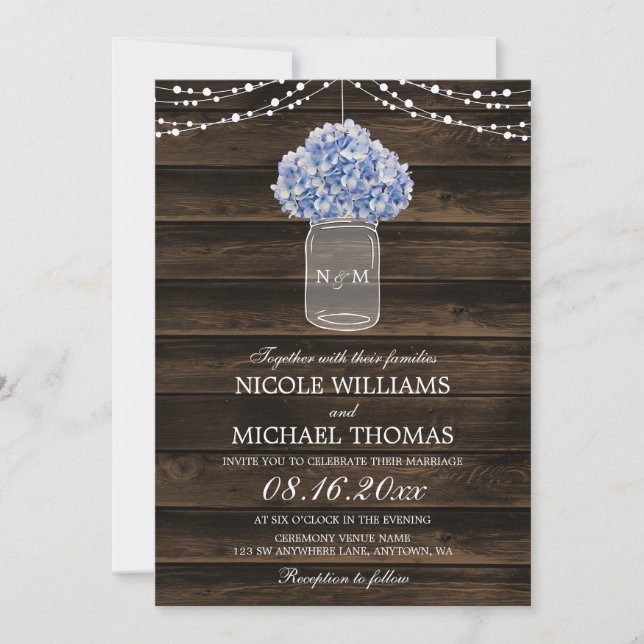 Rustic Hydrangea Mason Jar Barn Wood Wedding Invitation (Front)