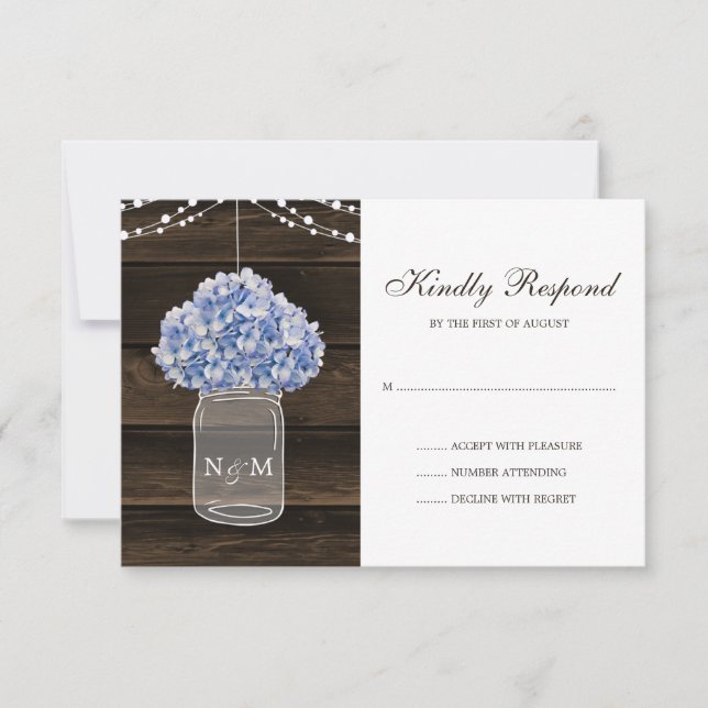 Rustic Hydrangea Mason Jar Barn Wood Wedding RSVP (Front)