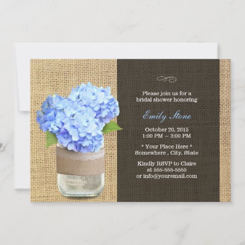 Rustic Hydrangea  Mason Jar Burlap Bridal Shower Invitation