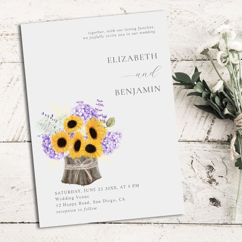 Rustic Hydrangea Sunflower Bouquet Elegant Wedding Invitation