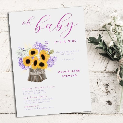 Rustic Hydrangea Sunflowers Boho Girl Baby Shower Invitation