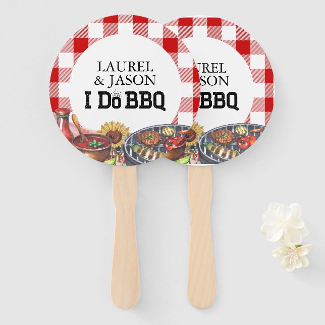 Rustic I Do BBQ Couple Shower Party Gingham Hand Fan (Front and Back)