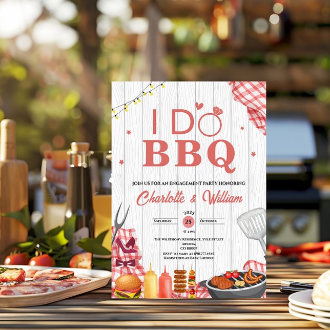 Rustic i Do BBQ Plaid Engagement Party Invitation (i do bbq rustic country barbecue engagement party string lights sunflowers wood floral bam couple)