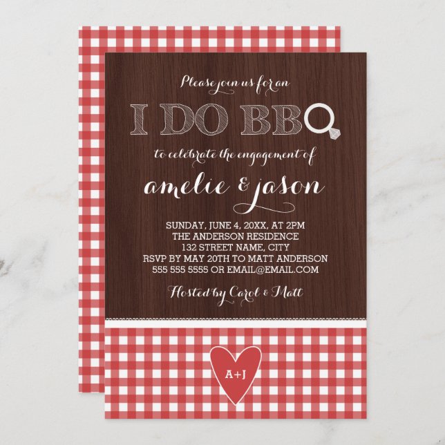 Rustic I Do BBQ Red Gingham Engagement Party Invitation (Front/Back)