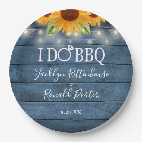 Rustic I Do BBQ String Lights Sunflower Engagement Paper Plates
