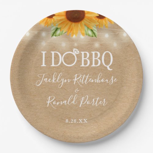Rustic I Do BBQ Sunflower String Lights Engagement Paper Plates