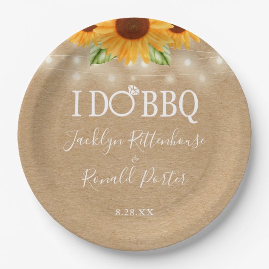 Rustic I Do Bbq Sunflower String Lights Engagement Paper Plates