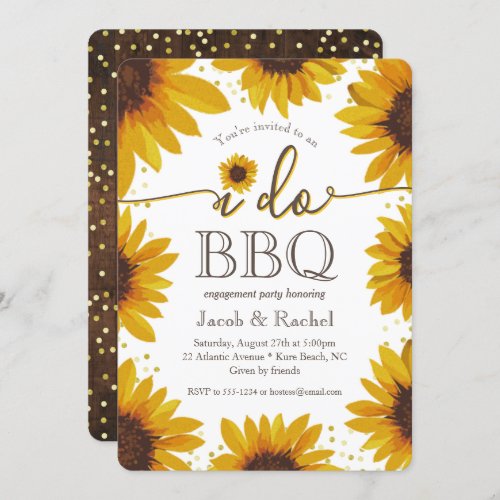 Rustic I DO BBQ Sunflowers  Gold Engagement Party Invitation