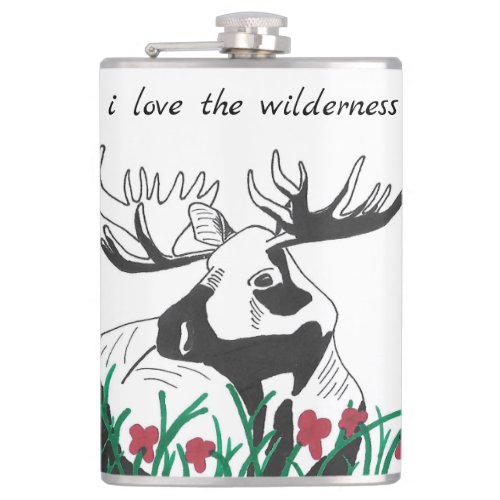 Rustic I Love the Wilderness Wildflowers Moose Flask