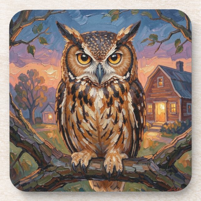 Rustic Impasto Great Horned Owl  Beverage Coaster (Front)