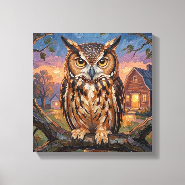 Rustic Impasto Great Horned Owl  Canvas Print (Front)