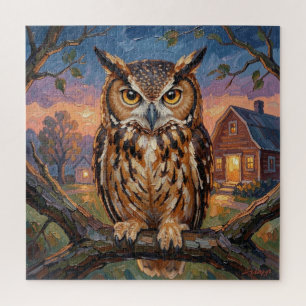 Rustic Impasto Great Horned Owl  Jigsaw Puzzle