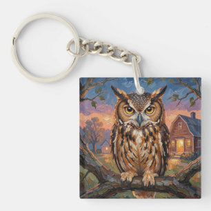 Rustic Impasto Great Horned Owl Keychain