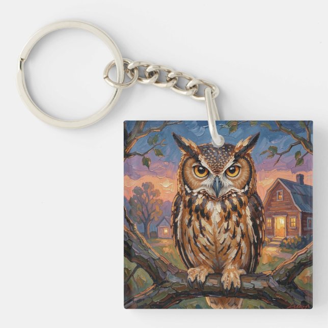 Rustic Impasto Great Horned Owl  Keychain (Front)