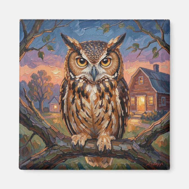 Rustic Impasto Great Horned Owl  Magnet (Front)