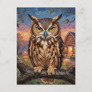 Rustic Impasto Great Horned Owl Saying Hi Postcard