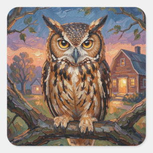 Rustic Impasto Great Horned Owl Square Sticker