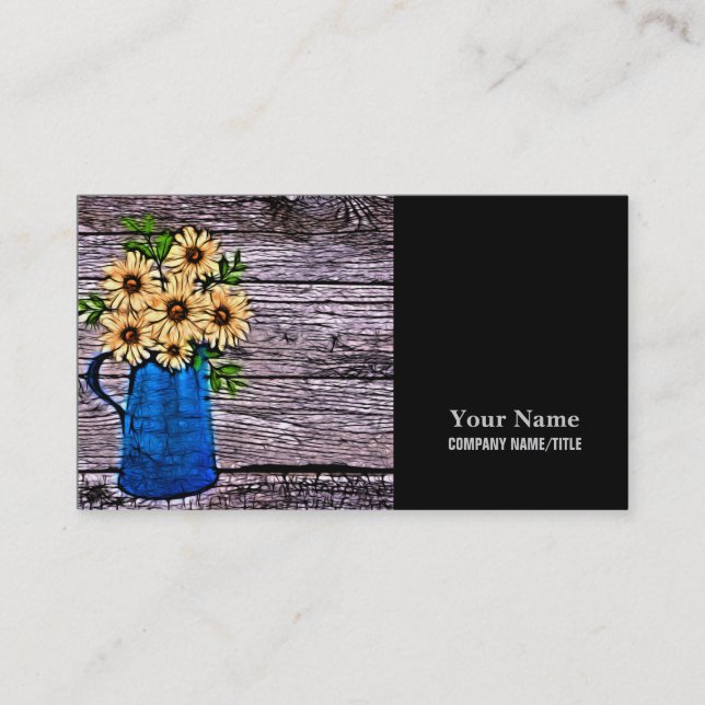 Rustic impressionism blue vase summer daisy business card (Front)