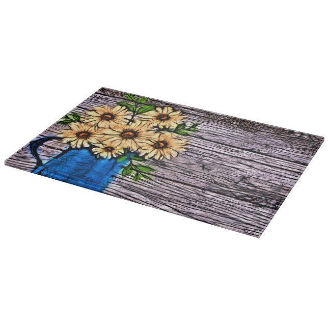 Rustic impressionism blue vase summer daisy cutting board (Corner)