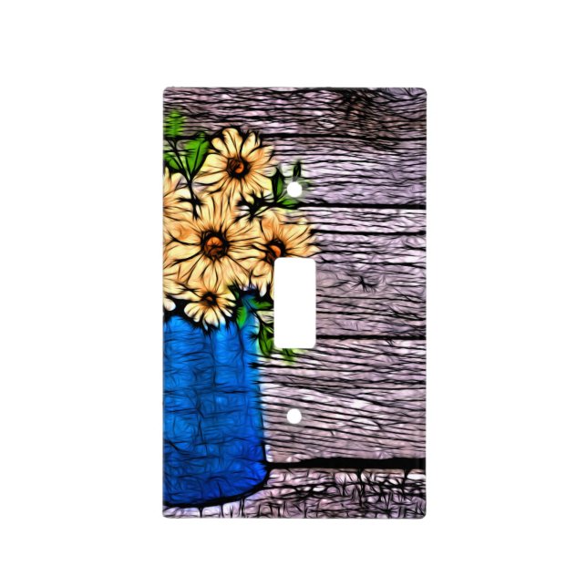 Rustic impressionism blue vase summer daisy light switch cover (Front)