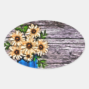 Rustic impressionism blue vase yellow daisy oval sticker