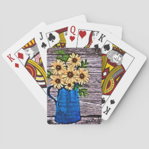 Rustic impressionism blue vase yellow daisy poker cards