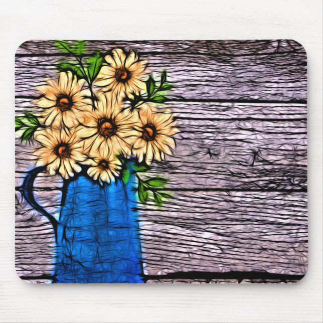 Rustic impressionism blue vase yellow sunflower mouse pad (Front)