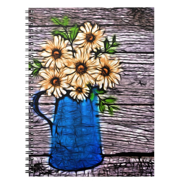 Rustic impressionism blue vase yellow sunflower notebook (Front)