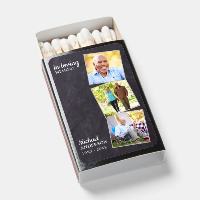 Rustic In Loving Memory 3 Photo Memorial Funeral  Matchboxes (Front Open)