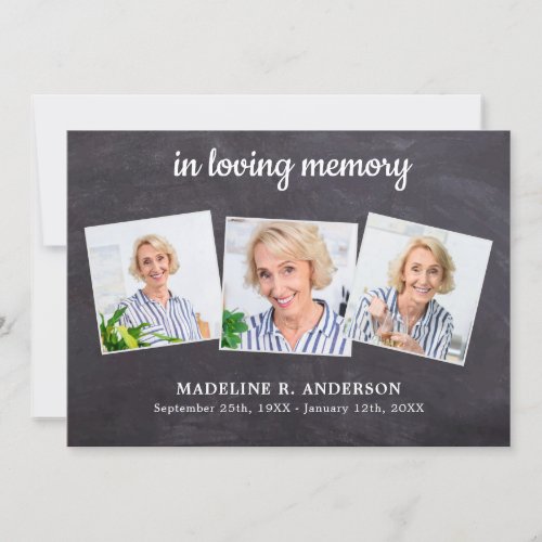 Rustic In Loving Memory 3 Photo Sympathy Funeral Thank You Card - Rustic Chalkboard Sympathy 3 Photo Funeral Thank You Cards. These sympathy funeral cards feature a unique photo collage for 3 of your favorite photos, name and dates, on chalkboard in a gray and white design. These memorial sympathy cards are perfect for funeral thank you cards, or celebration of life thank you cards.
  Personalize back with your message of thanks. COPYRIGHT © 2020 Judy Burrows, Black Dog Art - All Rights Reserved. Rustic In Loving Memory 3 Photo Sympathy Funeral Thank You Card