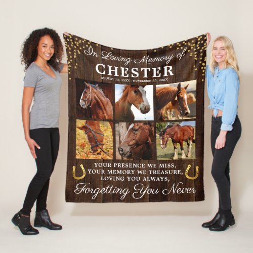 Rustic In Loving Memory Horse Fleece Blanket - Personalized horse photo fleece blanket featuring 6 precious pictures of your beloved pet animal, a rustic wooden background, gold horseshoes & glitter, the text "in loving memory of", your horses name, birth/death dates, and the sympathy quote "your presence we miss, your memory we treasure, loving you always, forgetting you never".