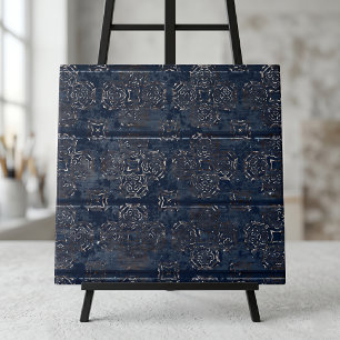 Rustic Indigo Blue Damask On Scratched Wood Ceramic Tile