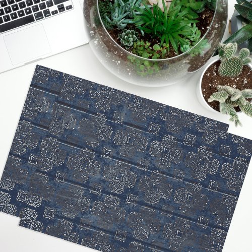 Rustic Indigo Blue Damask On Scratched Wood Tissue Paper