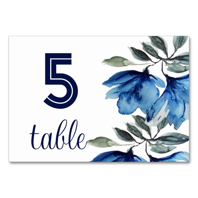 Rustic Indigo Blue Floral Watercolor Modern Table Number (Front)