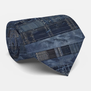 Rustic Indigo Denim Patchwork Pattern Neck Tie