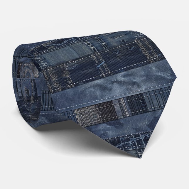 Rustic Indigo Denim Patchwork Pattern Neck Tie (Rolled)