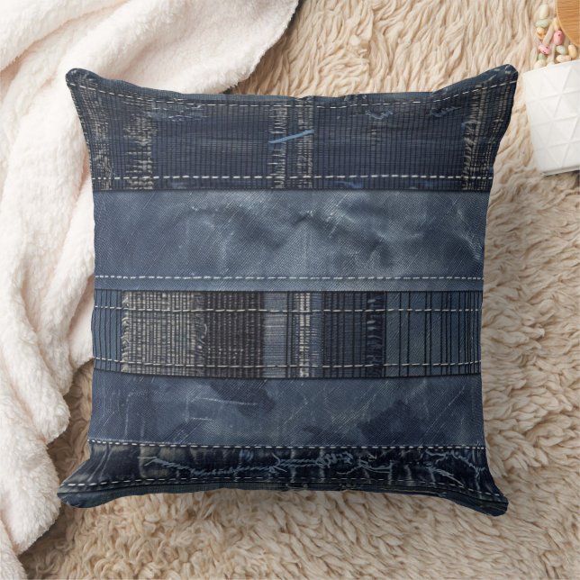 Rustic Indigo Denim Patchwork Pattern Throw Pillow (Blanket)