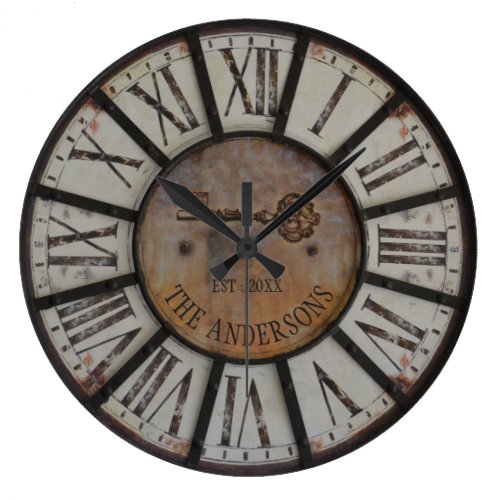 Rustic Industrial Farmhouse Custom Family Name Large Clock