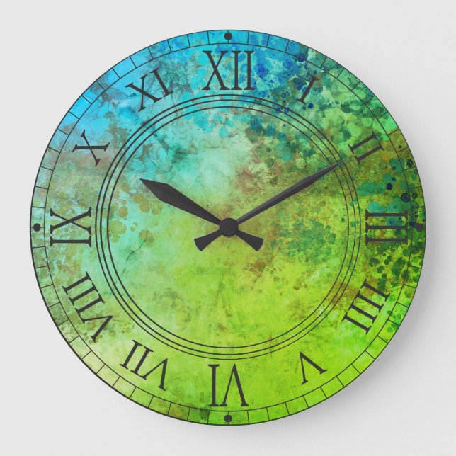 Rustic Industrial Inspired Art Green Blue Wall Large Clock (Front)
