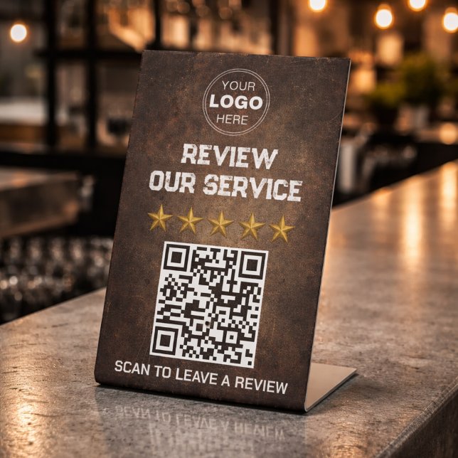 Rustic Industrial QR Code Customer Review Pedestal Sign (Rustic industrial pedestal sign with gold stars and a QR code on a dark textured surface.)