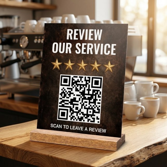 Rustic Industrial QR Code Review & Feedback Acrylic Sign (Rustic industrial acrylic QR code sign with gold stars on a light wood block base.)