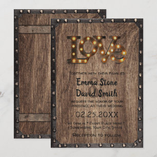 Rustic Industrial Wedding Love Sign Metal & Wood Invitation