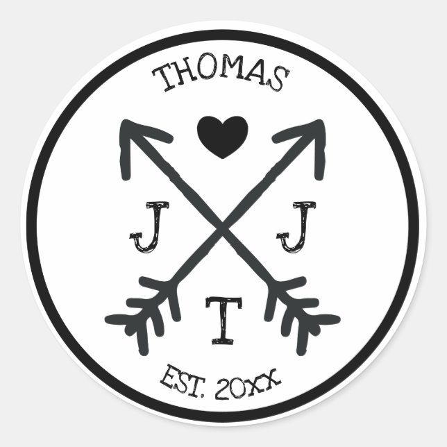 Rustic Initial Heart Arrow Monogram Classic Round Sticker (Front)