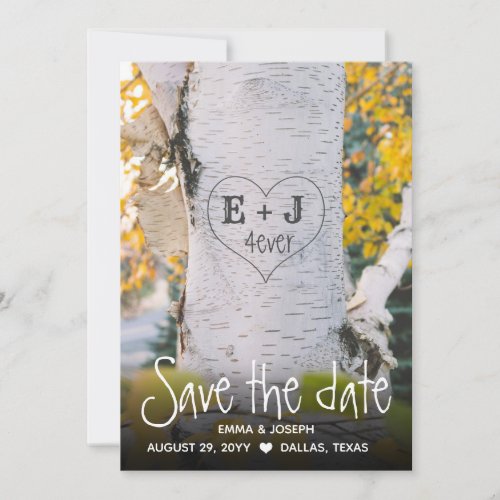 Rustic Initials 4ever Heart Carved Tree Wedding Invitation