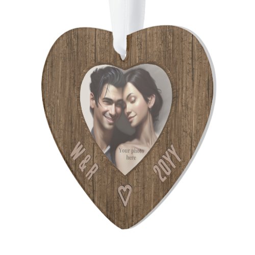 Rustic Initials in Wood - Carved Look Heart Photo Ornament