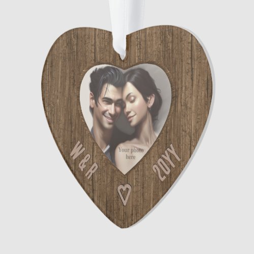 Rustic Initials in Wood _ Carved Look Heart Photo Ornament