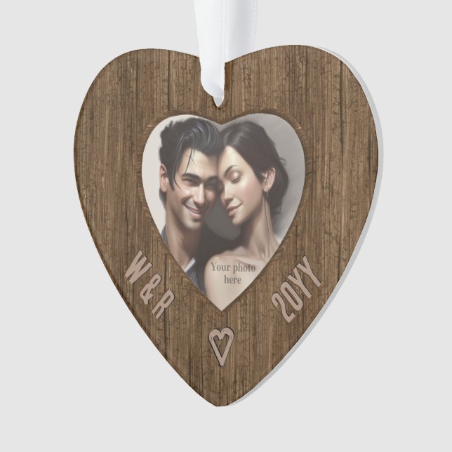 Rustic Initials in Wood - Carved Look Heart Photo Ornament (Front)