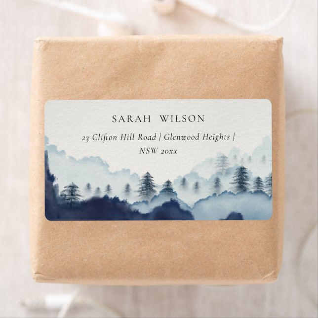 Rustic Ink Blue Navy Pine Woods Mountain Address Label (Insitu)