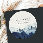 Rustic Ink Blue Navy Pine Woods Mountain Wedding Classic Round Sticker<br><div class="desc">For any further customisation or any other matching items,  please feel free to contact me at yellowfebstudio@gmail.com</div>